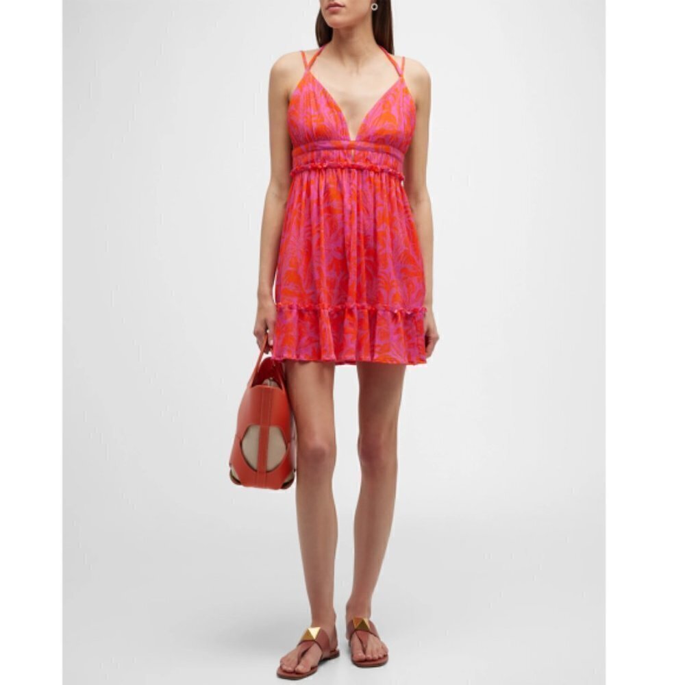 PQ Swim 'Daphne' Palm-Print Cotton-Gauze Mini Dress/Cover-Up, Pink/Orange